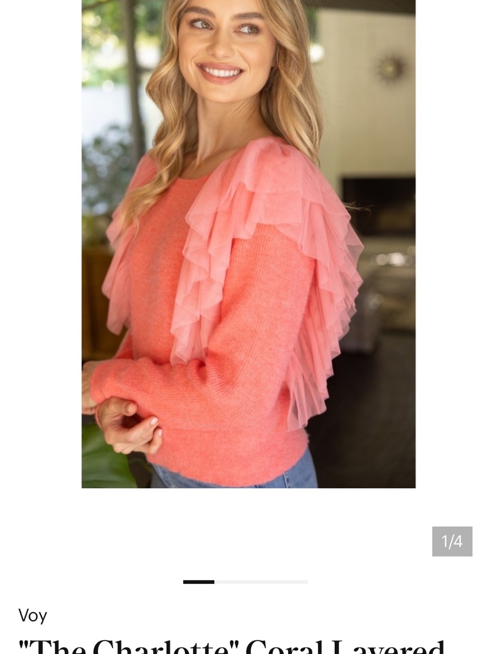 'Voy- The Charlotte' Coral Layered Ruffle Sweater XS .will fit a small roomy - Picture 2 of 5